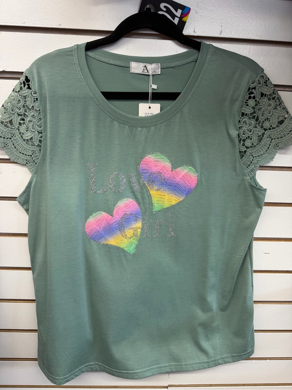 Green Tee with Rainbow Heart Appliqués